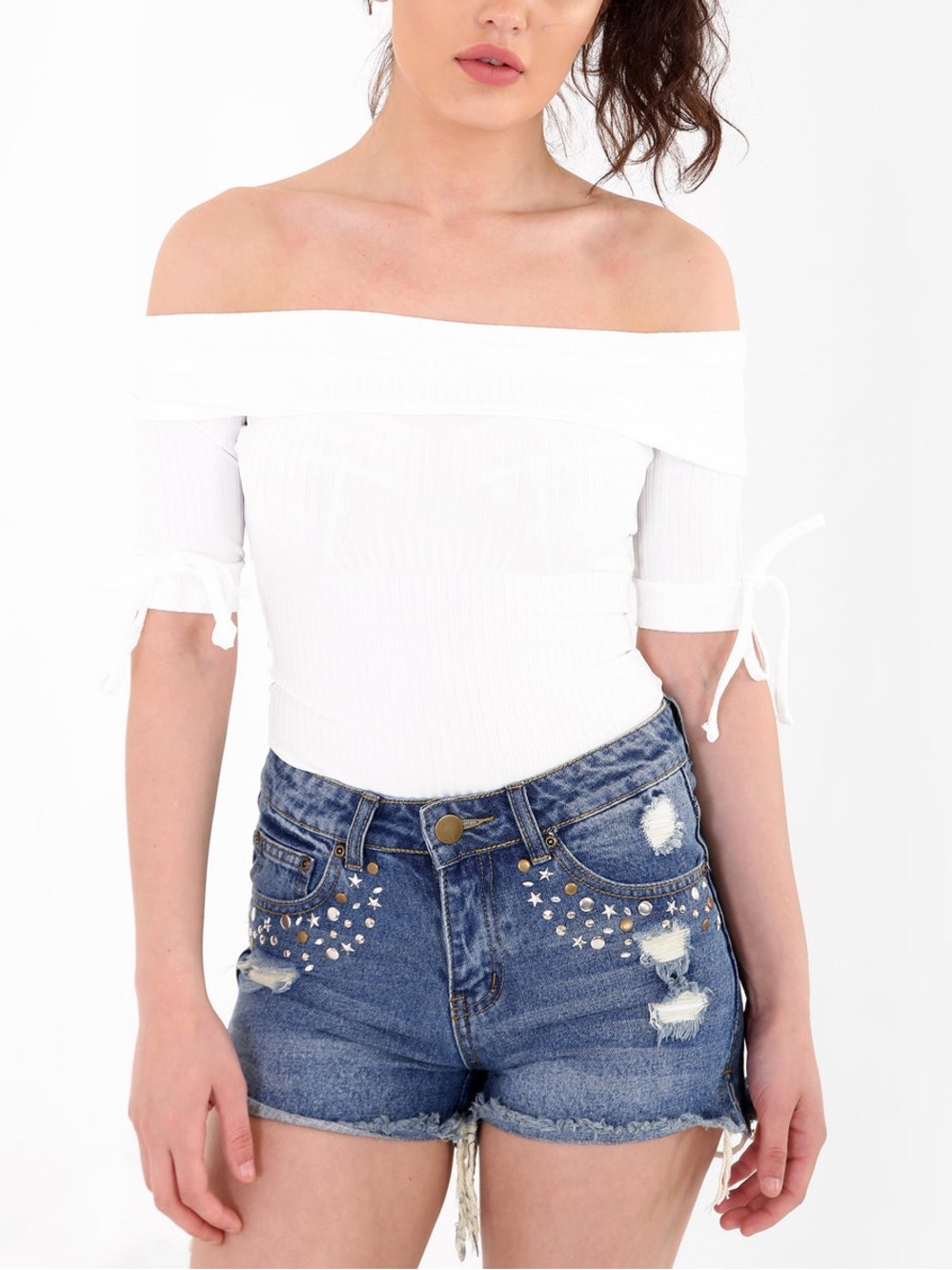 TopShop  Monroe Off-Shoulder Ribbed One-Piece Bodysuit in White